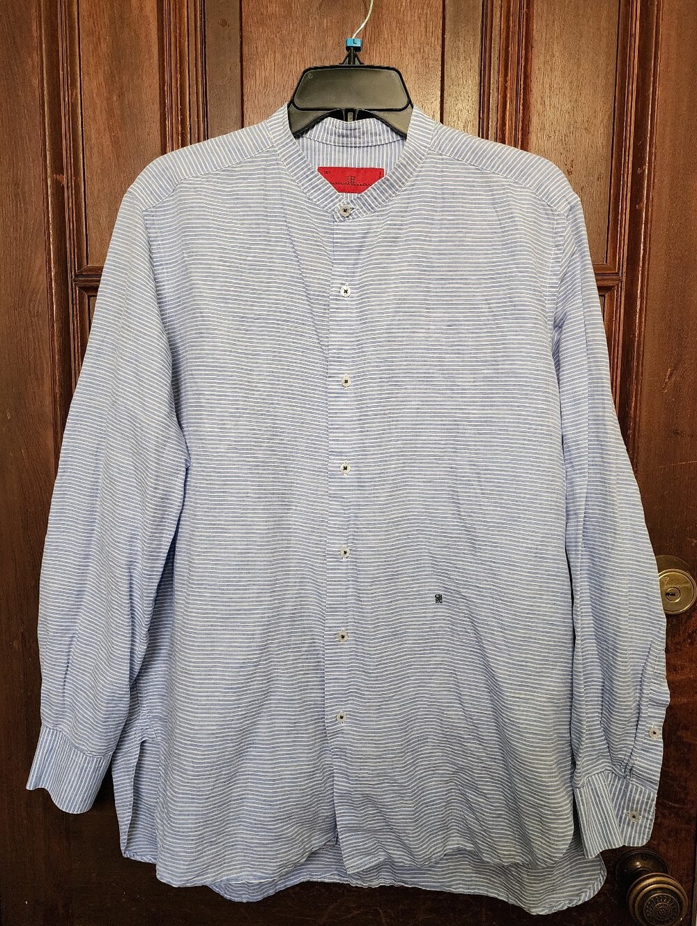 CH Carolina Herrera Premium Linen-Blend Band Collar Shirt | Blue Stripe 16.5 L